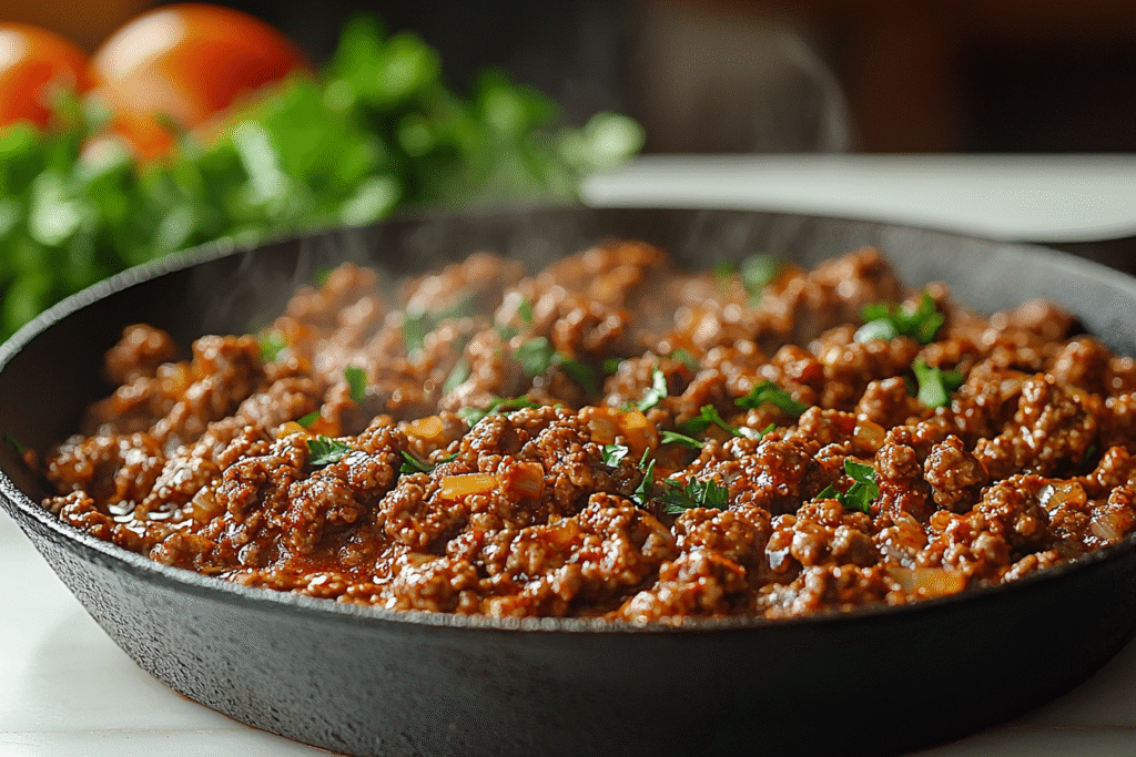 Ground Beef Sweet Potato Cottage Cheese Bowl: The Ultimate High-Protein Comfort Recipe 6 Ground beef sizzling in a skillet for protein bowl