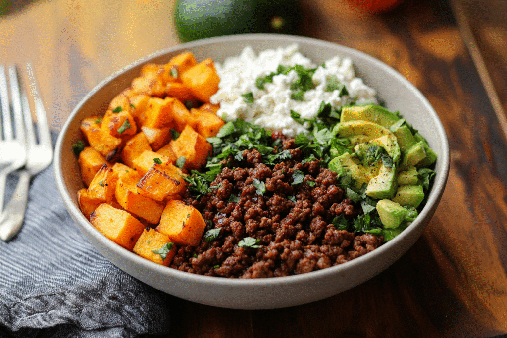 Ground beef cottage cheese bowl topped with avocado and hot honey