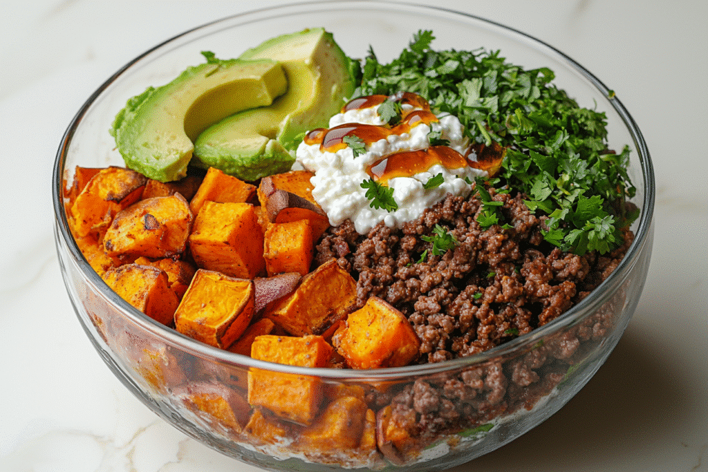 Ground Beef Sweet Potato Cottage Cheese Bowl: The Ultimate High-Protein Comfort Recipe 8 Served ground beef sweet potato cottage cheese bowl with toppings