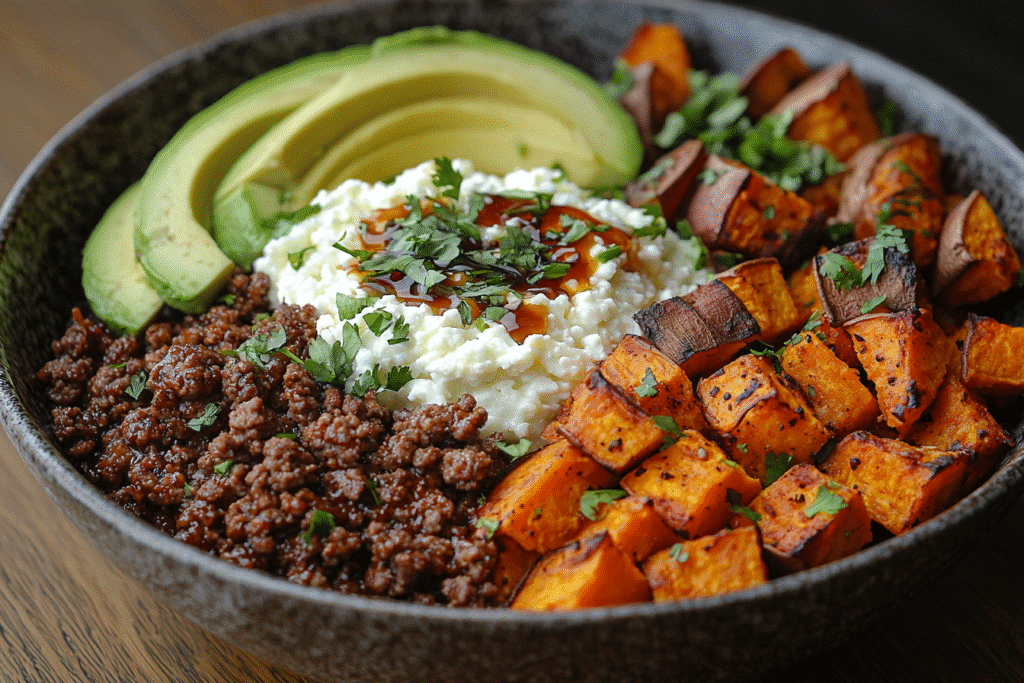 Ground Beef Sweet Potato Cottage Cheese Bowl: The Ultimate High-Protein Comfort Recipe 5 Ground beef sweet potato cottage cheese bowl served with avocado and hot honey
